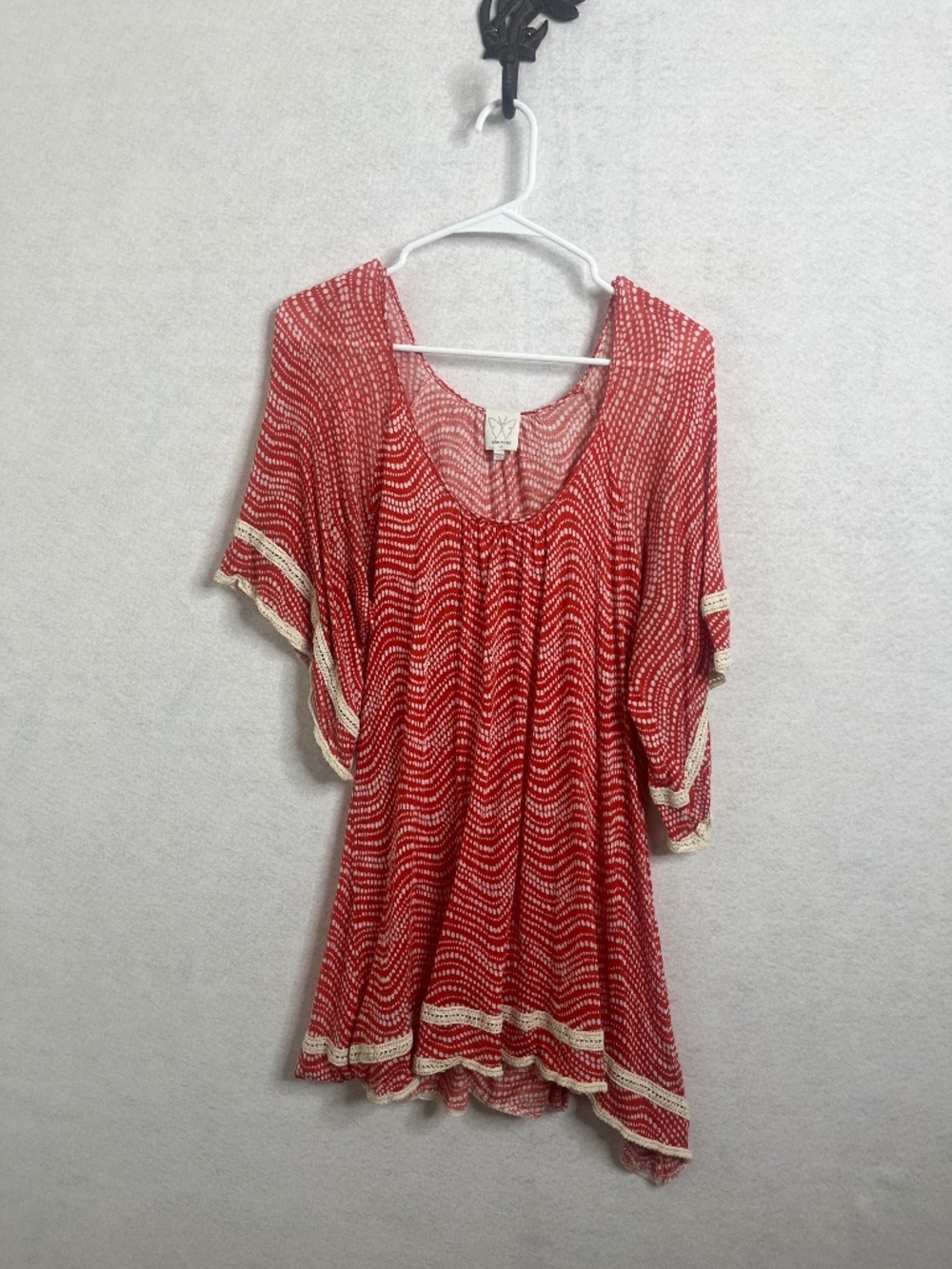 Ella Moss Red White Boho Tunic Dress Crochet Trim Flowy Top Size Small